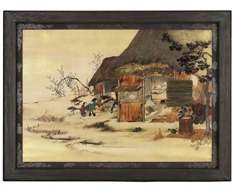 SHIBATA ZESHIN (1807-1891)An Urushi-e (Lacquer Painting) of a Farmer's House Meiji era (1868–1912), dated 1888Depicting a pea