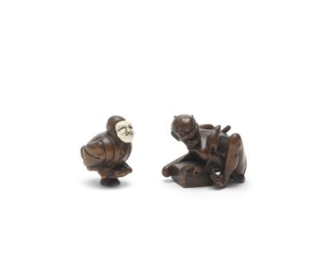 TWO WOOD FIGURE NETSUKEEdo period (1615-1868) to Meiji era (1868-1912), 19th centuryThe first a disappointed rat catcher, lea