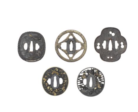 FIVE TSUBA (SWORD GUARDS)Edo period (1615-1868), 17th to 19th centuryThe first circular, iron, gold, and copper, pierced, chi