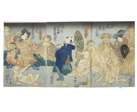 UTAGAWA KUNIYOSHI (1797-1861)Edo period (1615-1868), circa 1841An oban tate-e  triptych print of the kabuki play Uraomote sen
