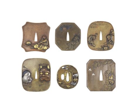 SIX TSUBA (SWORD GUARDS)Edo period (1615-1868), 19th centuryAll of brass or sentoku (brass alloy) except the third and inlaid