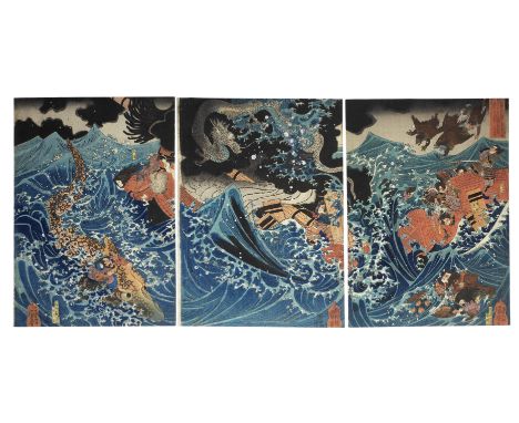 UTAGAWA KUNIYOSHI (1797-1861)Edo period (1615-1868), circa 1830-1842An oban tate-e triptych print titled Higono kuni Minamata