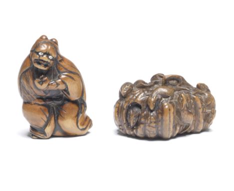 TWO WOOD NETSUKEEdo period (1615-1868), early/mid 19th centuryThe first a fleeing oni (demon), disguised as a veiled woman, t