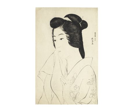 HASHIGUCHI GOYO (1880-1921)Showa era (1926-1989), circa 1950A large tate-e keyblock proof of a woman in a butterfly-decorated