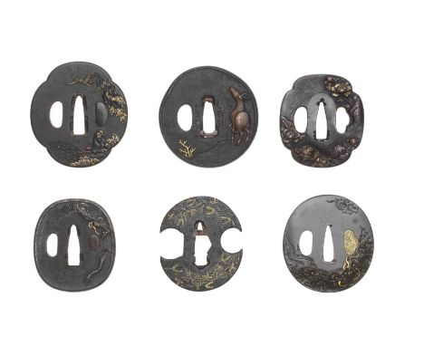 SIX TSUBA (SWORD GUARDS)Edo period (1615-1868), 17th to 19th centuryThe first mokkogata, iron, gold, and copper, with a Chine