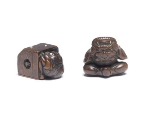 TWO WOOD FIGURE NETSUKEEdo period (1615-1868), early/mid 19th centuryThe first a seated young boy, holding an upside-down mas