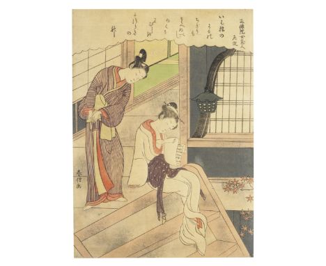 SUZUKI HARUNOBU (1725-1770)Edo period (1615-1868), circa 1767–1768A chuban tate-e print depicting a youth standing and peerin