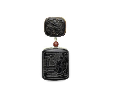 A TSUIKOKU (CARVED BLACK-LACQUER) FOUR-CASE INRO AND NETSUKEEdo period (1615-1868), early/mid 19th centuryCarved in relief wi