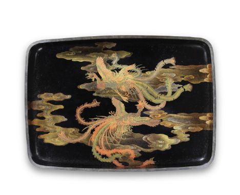 A BLACK-LACQUER LARGE DEEP ROUNDED RECTANGULAR TRAYMeiji (1868-1912) or Taisho (1912-1926) era, late 19th/early 20th centuryD