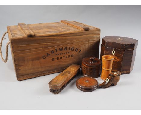 A 19th century inlaid octagonal tea caddy, 5 1/3" wide, a 19th century shoe-shape snuff box, an 18th century oak wafer box, a