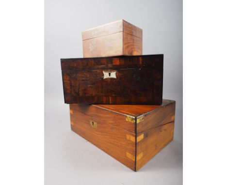 A thuya and kingwood banded converted tea caddy, 12 1/4" wide, a mahogany writing slope, 13 3/4" wide, and a hardwood and bra
