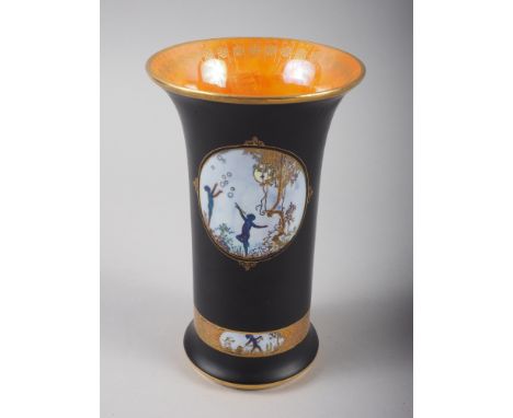 A Carltonware "Fairy" flared rim vase, decorated panels on a black ground with gilt borders and internal orange glaze, 6" hig