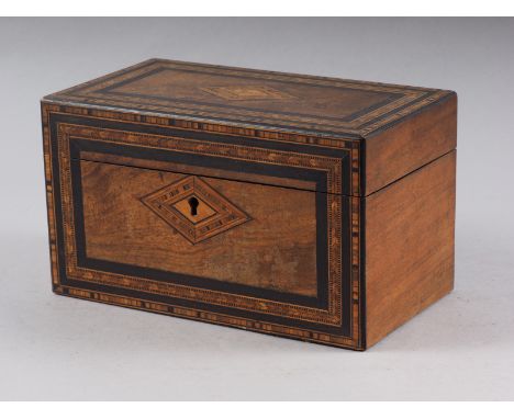 A 19th century walnut and Tunbridge banded tea caddy, 9" wide 