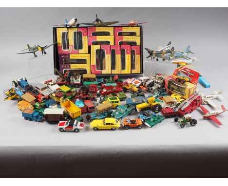 A quantity of die-cast model cars and aeroplanes, including a Dinky Toys Saab 96, a Corgi Volvo 1800, a Corgi Silver Shadow, 