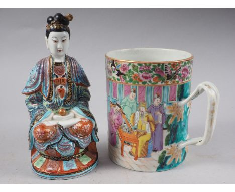 A Canton tankard with polychrome figure flower and butterfly decoration, 5 1/4" high, and a Chinese ceramic seated figure, 7 