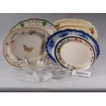 A quantity of meat plates, retro glass avocado dishes and other items