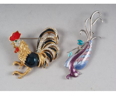 A Nicole Barr silver and enamel phoenix brooch and a cockerel brooch 