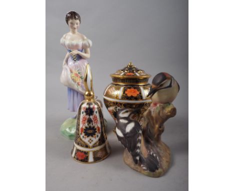 A Royal Crown Derby 1128 pattern candle snuffer, a similar vase and cover, 4 3/4" high, a Royal Doulton figure, "Spring" HN20