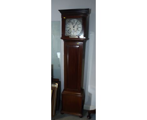 An Edwardian mahogany longcase clock with striking and chiming movement and silvered dial, 73" high 