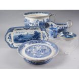 An early 19th century blue and white Spode mug, 2 1/2" high, a Wedgwood "Willow" pattern chamber