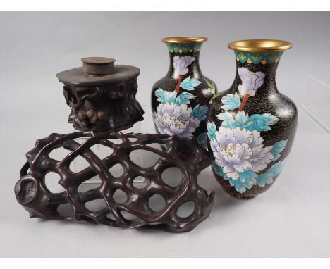 A pair of baluster cloisonne vases with chrysanthemum and prunus decoration, 8" high, a wooden tea caddy, formed as a tree tr