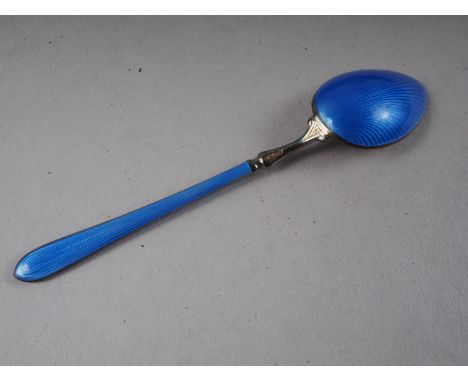 A set of six blue enamel on white metal coffee spoons, stamped 925, in box 
