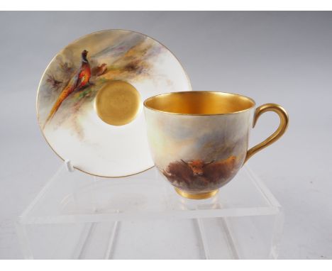 A Royal Worcester cabinet cup, decorated cows, by Harry Stinton (chip to base), a similar cabinet saucer, decorated pheasant,
