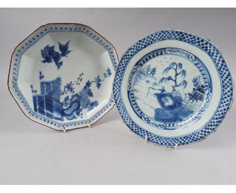 A Chinese octagonal blue and white fishermen pattern decorated plate, 9" dia, and a Japanese blue and white octagonal plate w