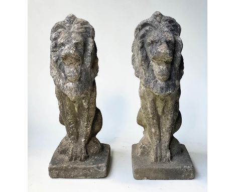 GARDEN/GATE LIONS, a pair of weathered reconstituted stone lions rampant, 57cm H. (2) 