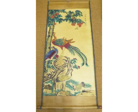 CHINESE SCHOOL 'Birds in a Tree', watercolour on paper glued on paper scroll, 170cm x 60cm. 