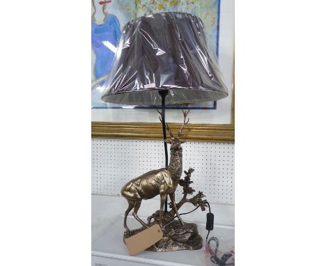 STAG TABLE LAMP, sculptural bronzed base, with shade, 82cm H. 