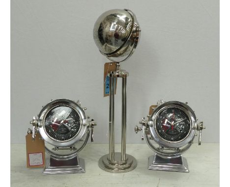 COLLECTION OF INTEREST, including two nautical inspired table clocks and globe on stand, 62cm H at tallest. (3) 