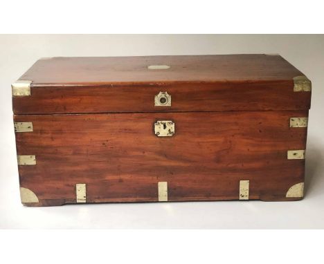 TRUNK, 19th century Chinese export camphorwood and brass bound with rising lid and iron carrying handles, 89cm x 45cm x 38cm 