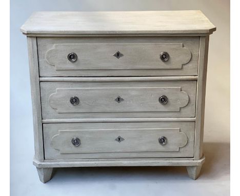 COMMODE, 19th century Gustavian style grey painted and silvered metal mounted with three long drawers, 102cm x 59cm x 92cm H.