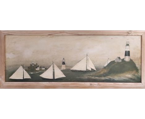 DAVID CARTER BROWN 'Boats and Lighthouses', giclee lithograph, 29cm x 90cm, signed in plate, framed. 