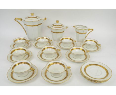 LIMOGES PART TEA/COFFEE SERVICE, art deco style, white porcelain with gilt decoration. (Qty) 