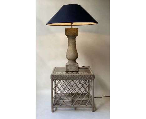 LAMP AND TABLE, distressed architectural baluster, grey gesso column, with linen 'coolie' shade, 95cm H, together with a grey