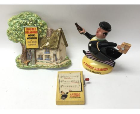 An assortment of ceramic merchandise for A Double Diamond ale.