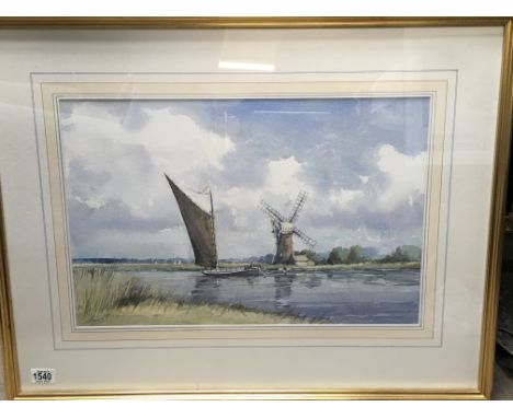 Graham Howlett (20th Century) watercolour of a Thames Barge “The Albion on the River Bure and a coastal scene “ Evening Light