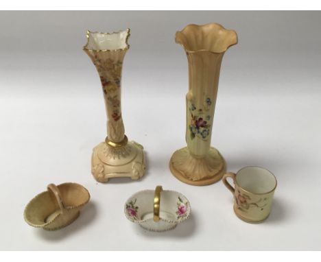 A five piece collection of Royal Worcester porcelain. One blush ivory vase shape 1728, circa 1894. Height approximately 15.5c