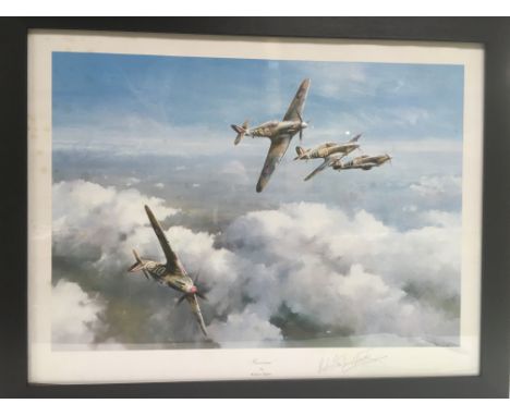 A framed and glazed print titled 'Hurricane' by Robert Taylor and signed by Wing Commander Robert Stanford Tuck, approx 59cm 