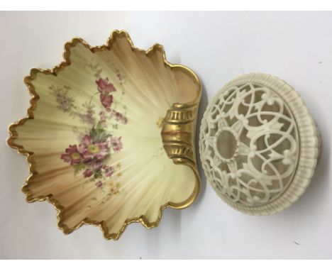 A Royal Worcester blush ivory shell shaped dish decorated with flowers and foliage, together with Royal Worcester posy bowl