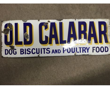Vintage enamel sign for “Old Calabar dog biscuits and poultry food”