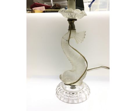 A Vintage cut glass lamp. In the form of a stylised dolphin height 46cm with a later non conforming acid etched shade no dama