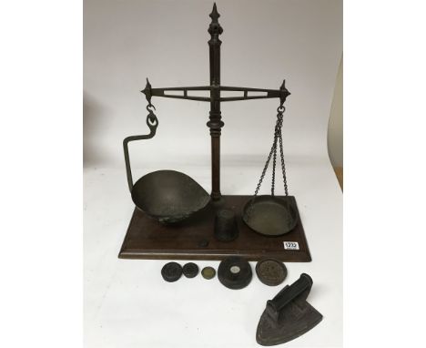 A set of brass scales with weights and a flat iron - NO RESERVE