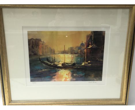 A limited edition Venice print. Signed by Cecil Rice. The frame measures 51cm x 41cm. The print is titled ‘Gondolas, Mid Afte