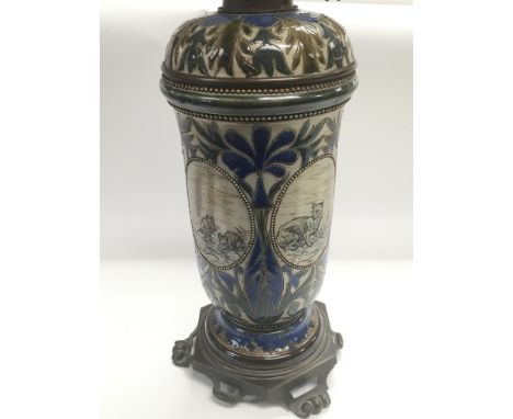 A rare 19th Century Doulton Lambeth stoneware lamp decorated with cats and mice by Hannah Barlow, approx height 47cm.