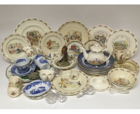 A box containing a collection of Royal Doulton Bunnykins, including early signed Barbara Vernon pieces, an Aynsley figure of 