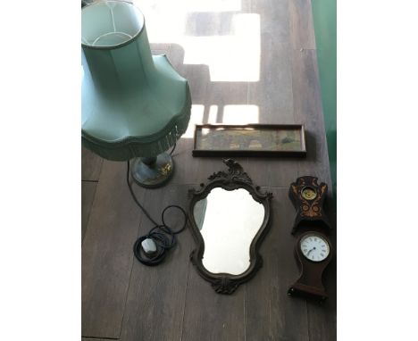 A collection of household furniture items, including one vintage side table lamp, one small picture, two side clocks and a wa