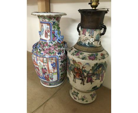 A Chinese enamel vase decorated with figures amongst a landscape view converted to lamp base and a broken canton vase - NO RE